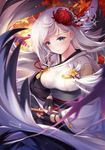  artist_name autumn_leaves azur_lane black_gloves blue_eyes blurry blush breasts closed_mouth commentary_request depth_of_field fingerless_gloves floating_hair flower gloves hair_flower hair_ornament highres holding japanese_clothes kanzashi kimono looking_at_viewer medium_breasts mole mole_under_eye obi revision sash shoukaku_(azur_lane) signature silver_hair solo spider_lily tsumami_kanzashi twitter_username white_kimono wide_sleeves youqiniang 