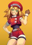  belt blonde_hair bodysuit brown_gloves cabbie_hat cowboy_shot eyebrows_visible_through_hair flat_chest gloves green_eyes grin hand_on_hip hat long_hair ohnarev red_shorts rockman rockman_dash roll_caskett shorts sleeves_rolled_up smile solo yellow_background 