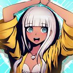  :d artist_name blonde_hair blue_eyes danganronpa dark_skin jewelry long_hair necklace new_danganronpa_v3 open_mouth qosic round_teeth signature smile solo teeth yonaga_angie 