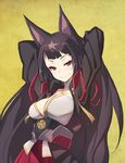  akagi_(azur_lane) animal_ears arms_behind_head azur_lane breasts brown_hair choker cleavage collarbone eyeshadow fox_ears japanese_clothes large_breasts long_hair makeup obi pleated_skirt red_eyes rope sash sidelocks skirt smile smug solo tassel tsurime upper_body ushiki_yoshitaka very_long_hair yellow_background 