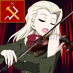  blonde_hair clara_(girls_und_panzer) closed_eyes commentary_request emblem girls_und_panzer green_jacket holding holding_instrument instrument jacket long_hair long_sleeves music nekota_susumu open_mouth playing_instrument pravda_(emblem) pravda_school_uniform red_shirt school_uniform shirt smile solo turtleneck upper_body violin 