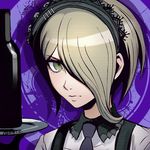  bottle close-up danganronpa green_eyes hair_over_one_eye looking_at_viewer maid maid_headdress necktie new_danganronpa_v3 qosic signature solo toujou_kirumi 