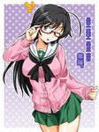  ;p adjusting_eyewear ahoge bangs bespectacled black_eyes black_hair black_neckwear blouse cardigan commentary_request contrapposto cowboy_shot dated girls_und_panzer glasses gradient gradient_background green_skirt isuzu_hana long_hair long_sleeves looking_at_viewer miniskirt neckerchief one_eye_closed ooarai_school_uniform oosaka_kanagawa outside_border pink_cardigan pleated_skirt polka_dot polka_dot_background purple_background red-framed_eyewear school_uniform serafuku skirt standing tongue tongue_out translated white_blouse 