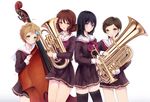  ahoge bangs black_hair black_legwear blonde_hair blush bow brown_hair brown_skirt cowboy_shot double_bass euphonium eyebrows_visible_through_hair green_eyes grin hair_bow hair_ornament hairclip heart hibike!_euphonium highres holding instrument katou_hazuki kawashima_sapphire kousaka_reina long_hair looking_at_viewer multiple_girls neckerchief oumae_kumiko parted_lips pleated_skirt polka_dot polka_dot_bow purple_eyes red_neckwear short_hair simple_background skirt smile standing swept_bangs tareme thighhighs thighs tr_(hareru) trumpet white_background yellow_eyes zettai_ryouiki 