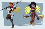 alternate_costume bob_cut bodysuit boots breasts broom broom_riding cleavage cloak cosplay crossed_arms crossed_legs dc_comics forehead_jewel green_eyes green_sclera grey_skin hat highres knee_boots large_breasts long_hair mechanical_halo mechanical_wings mercy_(overwatch) mercy_(overwatch)_(cosplay) multiple_girls orange_skin overwatch pantyhose pointy_shoes purple_eyes purple_hair raven_(dc) ravenravenraven red_hair shoes short_hair staff standing standing_on_one_leg starfire teen_titans thigh_boots thighhighs wings witch_hat witch_mercy 