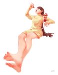  bare_legs barefoot brown_eyes brown_hair eating feet food fruit highres long_hair open_mouth original otsuzaka parfait simple_background sitting soles solo spoon strawberry sweater toenail_polish toes tongue tongue_out turtleneck turtleneck_sweater white_background 
