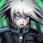  artist_name blue_eyes danganronpa index_finger_raised keebo male_focus new_danganronpa_v3 open_mouth pointing pointing_up qosic robot signature silver_hair solo 