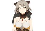  alternate_costume animal animal_ears animal_on_shoulder bangs bare_shoulders bat blush breasts brown_eyes cat cat_ears cat_on_shoulder cleavage closed_mouth collarbone commentary earrings eyebrows_visible_through_hair eyes_visible_through_hair fake_animal_ears frown girls_frontline grey_hair half-closed_eyes halloween head_tilt highres jack-o'-lantern jack-o'-lantern_earrings jewelry looking_away medium_breasts sanderson short_hair simple_background solo upper_body vector_(girls_frontline) white_background 