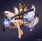  absurdres animal_ears bangs bare_legs barefoot blue_fire brown_eyes brown_hair chinese_clothes closed_mouth detached_sleeves fire fox_ears fox_tail full_body girls_frontline gun highres holding holding_gun holding_weapon jewelry kitsune legs_together light_smile magpul md5_mismatch multiple_tails sash sidelocks skull sleeveless smile solo submachine_gun tail tsurime type_79_(girls_frontline) type_79_smg vectorek vertical_foregrip weapon 