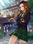  braid brown_eyes brown_hair crossed_arms joker_~gang_road~ long_hair looking_at_viewer necktie official_art pleated_skirt school_uniform skirt solo twin_braids yuu_(higashi_no_penguin) 