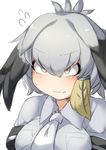  bird_wings blonde_hair blush collared_shirt embarrassed eyebrows_visible_through_hair feathered_wings flying_sweatdrops fun_bo grey_hair grey_shirt head_wings kemono_friends long_hair low_ponytail necktie shirt shoebill_(kemono_friends) side_ponytail solo upper_body wavy_mouth white_neckwear wings yellow_eyes 