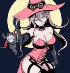  1girl artist_name bare_shoulders blonde_hair blue_eyes breasts choker cleavage danganronpa elbow_gloves fingerless_gloves full_moon gloves halloween_costume hat iruma_miu keebo large_breasts long_hair looking_at_viewer moon new_danganronpa_v3 one_eye_closed qosic robot witch_hat 