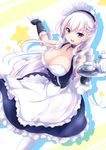  :d absurdres apron azur_lane belfast_(azur_lane) blue_eyes braid breasts carrying chain cleavage collar collarbone commentary_request cup elbow_gloves french_braid gloves highres large_breasts long_hair looking_at_viewer maid maid_apron maid_headdress nanaume_(shichimi_tougarashi) open_mouth pantyhose silver_hair smile solo teacup teapot white_hair white_legwear 