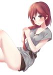  1girl black_ribbon black_shorts braid braided_ponytail breasts brown_eyes brown_hair cleavage collarbone eyebrows_visible_through_hair grey_shirt hai_to_gensou_no_grimgar hair_between_eyes hair_over_shoulder highres long_hair looking_at_viewer miyazumi ribbon shiny shiny_hair shirt short_shorts short_sleeves shorts simple_background single_braid sitting small_breasts solo tying_hair white_background yume_(grimgar) 