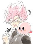  &gt;:( 2boys annoyed artist_name azu_(kirara310) blue_eyes crossover dougi dragon_ball dragon_ball_super frown gokuu_black grey_eyes kirby kirby_(series) looking_at_another male_focus multiple_boys pink_hair simple_background spiked_hair super_saiyan super_saiyan_rose v-shaped_eyebrows white_background 