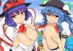  bad_id bad_pixiv_id blue_hair bow bra breast_lift breasts flat_chest food fruit grin hat hinanawi_tenshi huge_breasts hyudora lingerie multiple_girls nagae_iku naughty_face navel peach purple_hair smile touhou underwear 