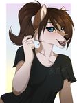  2017 5_fingers anthro blue_eyes breasts brown_hair canine clothed clothing digital_media_(artwork) dog ei-ka eyelashes female hair mammal open_mouth simple_background solo teeth tongue yellow_sclera 