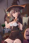  absurdres breasts brown_eyes brown_hair cleavage cowboy_shot girls_frontline gloves hair_ornament halloween halloween_costume hat helianthus_(girls_frontline) highres ky_(ky990533) looking_at_viewer medium_breasts monocle ponytail pumpkin quill skull skull_hair_ornament witch_hat 