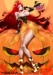  1girl bare_shoulders breasts cleavage halloween jack-o&#039;lantern large_breasts long_hair looking_at_viewer pumpkin purple_eyes red_hair solo very_long_hair yuri_ai 