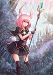  absurdres aircraft airship animal_ears black_gloves black_legwear bunny_ears bunny_tail capelet castle commentary fingerless_gloves forest gloves highres holding nature open_mouth original pink_hair pleated_skirt red_eyes short_hair skirt solo staff tail thighhighs yuki7128 zettai_ryouiki 
