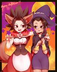  black_eyes black_hair blush caulifla dragon_ball dragon_ball_super halloween hat highres kale_(dragon_ball) little_red_riding_hood meiousei_(mamea) multiple_girls single_hair_intake smile spiked_hair strapless witch_hat 