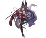  animal_ears armlet bangs barefoot bell black_gloves black_hair breasts dual_wielding fox_ears fox_tail full_body fur_trim gloves granblue_fantasy hair_ornament holding holding_weapon leg_up long_hair looking_at_viewer medium_breasts minaba_hideo official_art pants purple_eyes sleeveless smile solo sword tail transparent_background very_long_hair weapon wide_sleeves yuel_(granblue_fantasy) 