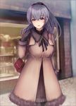  akira_(aky-la) bag blurry bow coat commentary_request depth_of_field hair_bow hair_ribbon handbag long_hair looking_at_viewer original ponytail ribbon silver_eyes silver_hair smile solo winter_clothes winter_coat 