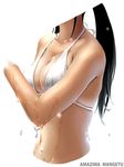  amazima_mangetu artist_name bare_arms bare_shoulders bikini_top black_hair breasts cleavage dark_skin halterneck head_out_of_frame long_hair medium_breasts navel original ponytail simple_background solo stomach swimsuit upper_body water wet white_background white_bikini_top 