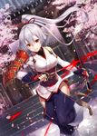  bright_pupils cherry_blossoms fate/grand_order fate_(series) fingerless_gloves gabiran gloves hair_between_eyes hair_ribbon high_ponytail hip_vent japanese_clothes katana long_sleeves obi outdoors parted_lips petals red_eyes red_gloves ribbon sandals sash sheath silver_hair solo standing standing_on_one_leg sunlight sword tomoe_gozen_(fate/grand_order) weapon 