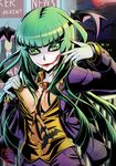  batman_(series) breasts cleavage cosplay dc_comics formal gloves green_eyes green_hair head_wings highres large_breasts long_hair long_sleeves makeup morrigan_aensland necktie smile solo suit the_joker the_joker_(cosplay) vampire_(game) vermillion_dice wings 