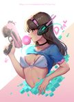  absurdres bad_id bad_pixiv_id bangs bikini_top black_neckwear blue_shirt blush breasts brown_eyes brown_hair bubble_blowing character_name chewing_gum choker cian_yo cleavage clothes_writing collarbone covered_nipples d.va_(overwatch) gun headgear highres holding holding_gun holding_weapon lips long_hair medium_breasts navel overwatch profile shirt shirt_lift short_sleeves smile solo two-tone_background upper_body watermark weapon web_address white_bikini_top 