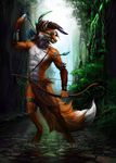  2015 4_toes 5_fingers alaiaorax arrow barefoot black_hair blue_eyes bow canine day detailed_background digital_media_(artwork) digitigrade dipstick_tail fox fur hair holding_object holding_weapon male mammal multicolored_tail orange_fur outside solo toes tongue weapon 