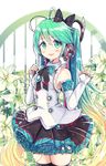  ahoge blush detached_sleeves flower green_eyes green_hair hatsune_miku headphones highres long_hair looking_at_viewer namuya_(dlcjfgns456) skirt solo thighhighs twintails very_long_hair vocaloid zettai_ryouiki 