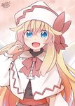  artist_name bangs blonde_hair blue_eyes bow bowtie capelet commentary_request dated fairy_wings hat hat_bow highres lily_white long_hair long_sleeves looking_at_viewer open_mouth pink_background red_neckwear sash signature smile solo touhou upper_body very_long_hair white_hat wings yutamaro 