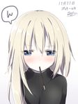  asymmetrical_hair bangs black_sweater blonde_hair blue_eyes blush dated eyebrows_visible_through_hair food food_in_mouth gradient gradient_background grey_background hair_between_eyes long_hair looking_at_viewer mouth_hold original pocky signature solo spoken_sweatdrop sweatdrop sweater tia-chan uchuuneko white_background 