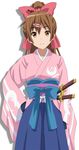  akasaki_chinatsu blue_hakama bow brown_eyes brown_hair chuunibyou_demo_koi_ga_shitai! cosplay cp9a eyebrows_visible_through_hair hair_between_eyes hair_bow hair_ornament hairclip hakama hand_on_hip head_tilt high_ponytail isekai_wa_smartphone_to_tomo_ni. japanese_clothes kimono kokonoe_yae kokonoe_yae_(cosplay) long_hair looking_at_viewer nibutani_shinka pink_kimono red_bow seiyuu_connection simple_background smile solo sword weapon white_background 