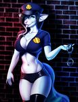  anthro big_breasts blue_eyes breasts canine cleavage clothed clothing female fur handcuffs legwear looking_at_viewer mammal midriff navel police_uniform porin rubber shackles smile solo thigh_highs tongue tongue_out uniform white_fur wide_hips 
