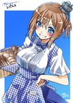  :d apron azur_lane blue_eyes bread brown_hair carrying commentary_request folded_ponytail food grin long_hair looking_at_viewer open_mouth picnic_basket repulse_(azur_lane) smile solo takana_shinno translation_request 