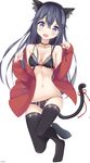 akatsuki_(kantai_collection) animal_ears black_bra black_hair black_hairband black_legwear black_panties blue_eyes blush bow bow_bra bow_panties bra breasts cardigan cat_ears cat_tail cleavage collarbone eyebrows_visible_through_hair fake_animal_ears floating_hair hair_between_eyes hairband head_tilt highres kantai_collection kanz long_hair looking_at_viewer midriff navel open_cardigan open_clothes open_mouth panties red_ribbon red_sweater ribbon sideboob simple_background small_breasts solo standing stomach sweater tail tail_ribbon thighhighs underwear very_long_hair white_background 