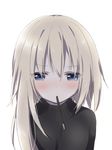  asymmetrical_hair bangs black_sweater blonde_hair blue_eyes blush eyebrows_visible_through_hair eyes_visible_through_hair food food_in_mouth hair_between_eyes long_hair looking_at_viewer mouth_hold original pocky simple_background solo sweater tia-chan uchuuneko white_background 