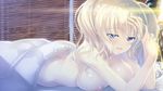  ashishun blonde_hair blush breasts fang game_cg hand_to_head highres indoors jpeg_artifacts large_breasts long_hair lying nipples non-web_source nude official_art on_stomach open_mouth ouchi_ni_kaeru_made_ga_mashimaro_desu raiha_raikkonen solo under_covers 