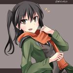  :d adjusting_scarf black_hair brown_eyes casual coat commentary_request hebitsukai-san highres kantai_collection long_hair looking_at_viewer open_mouth scarf sendai_(kantai_collection) simple_background smile solo two_side_up 