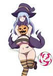  :q armpits arms_up ass_visible_through_thighs bangs bare_shoulders blue_hair blunt_bangs blush breasts candy cape commentary disembodied_head dullahan dullahan_(monster_girl_encyclopedia) eyebrows_visible_through_hair food gloves halloween_costume hat highres holding_head jack-o'-lantern large_breasts lollipop looking_at_viewer monster_girl_encyclopedia nav navel one_eye_closed oversized_object panties pointy_ears pumpkin purple_cape purple_footwear purple_gloves purple_hat red_eyes shoes simple_background skindentation solo standing standing_on_one_leg striped striped_legwear striped_panties thigh_gap thighhighs tongue tongue_out underwear white_background witch_hat 