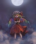  ascot bangs bare_arms bare_legs blonde_hair brooch cape crossed_arms fangs flandre_scarlet fog full_body full_moon halloween hat hat_ribbon highres jewelry long_hair looking_at_viewer mob_cap moon night outdoors red_eyes red_ribbon red_skirt reddizen ribbon skirt sky slit_pupils smile solo standing star_(sky) starry_sky touhou wings 