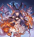  2girls animal_ears bell black_hair breasts cleavage closed_eyes detached_sleeves dress dual_wielding erune fan fang fire granblue_fantasy hair_bell hair_ornament holding kou_(granblue_fantasy) long_hair looking_at_viewer medium_breasts minaba_hideo multiple_girls official_art open_mouth silver_eyes simple_background socie_(granblue_fantasy) spoilers sword weapon yuel_(granblue_fantasy) 