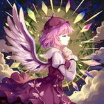  animal_ears bamboo bird_wings closed_eyes cloud danmaku dress feathered_wings full_moon hat juliet_sleeves long_sleeves mirror_(xilu4) moon music mystia_lorelei open_mouth own_hands_together petticoat pink_dress pink_hair pink_hat profile puffy_sleeves singing touhou wings 