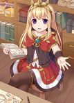  black_legwear blonde_hair book cagliostro_(granblue_fantasy) commentary_request crossed_legs granblue_fantasy holding light_brown_hair long_hair looking_at_viewer pantyhose purple_eyes sitting smile solo tiara tsukino_neru wooden_floor 