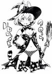  2017 alternate_costume animal_ears blush bow bowtie bra breasts broom cape checkered checkered_bra checkered_panties commentary_request cowboy_shot ears_through_headwear elbow_gloves extra_ears fukushima_masayasu gloves greyscale groin hair_between_eyes halloween hand_on_hip hat highres holding holding_broom kemono_friends looking_at_viewer medium_breasts monochrome navel open_mouth panties print_gloves print_legwear serval_(kemono_friends) serval_ears serval_tail short_hair simple_background sleeveless solo star star_print tail thighhighs underwear white_background witch_hat 