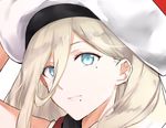  bangs bare_shoulders beret blonde_hair blue_eyes closed_mouth dress hair_between_eyes hat kantai_collection long_hair looking_at_viewer mole mole_under_eye mole_under_mouth morinaga_miki multicolored multicolored_clothes multicolored_dress multicolored_scarf pom_pom_(clothes) richelieu_(kantai_collection) scarf simple_background solo white_background 