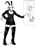  big_breasts black_and_white boots breasts cleavage clothed clothing demon ear_piercing female footwear gloves hand_holding hand_on_hip hladilnik horn humor leather lucy_(hladilnik) monochrome pentagram piercing scar solo spade_tail 